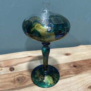 Romanian Artisanal Hand Blown Glass Lamp MCM Hand Painted 7.5" Oil Lamp Rare